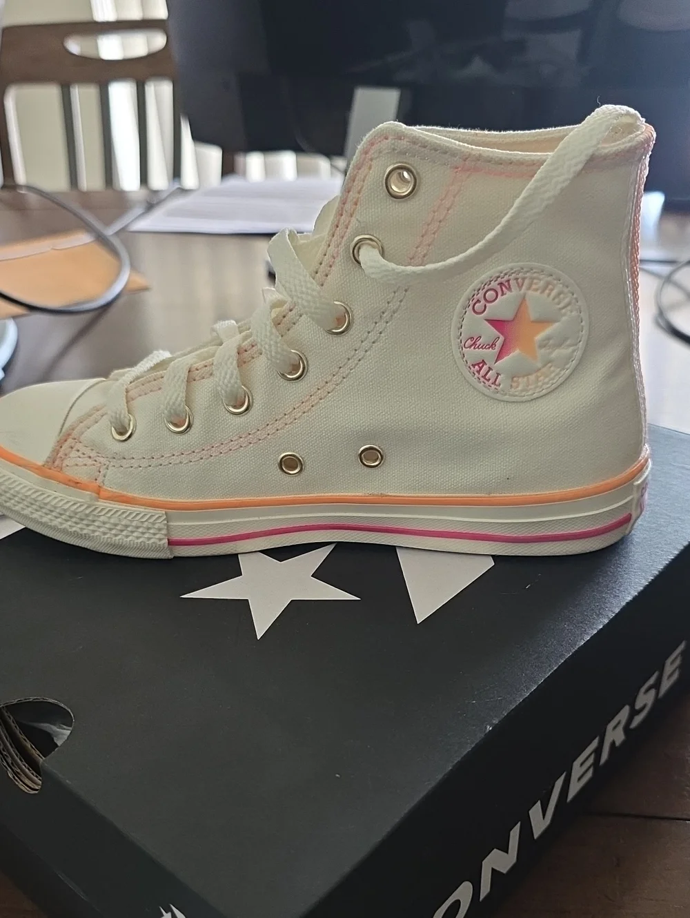Converse White High Top Sneakers with Pink & Orange Accents